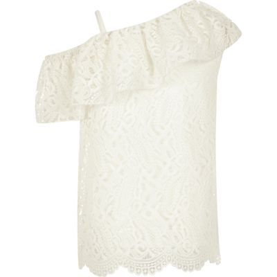 Girls cream lace one shoulder top